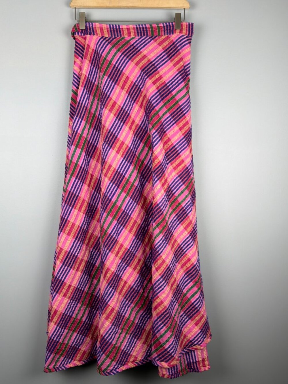 Pink Striped Wrap Maxi Skirt Womens Free Size Cottagecore Tropical Textured Fun